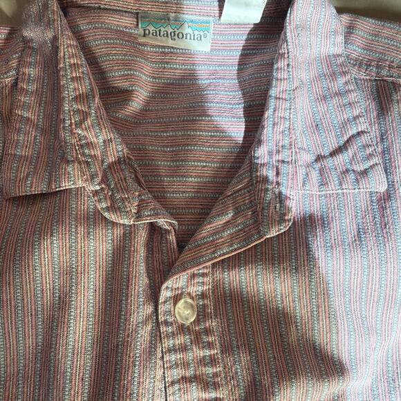 Vintage 90s Patagonia Organic Cotton Go To Shirt Red & Blue Stripe LARGE - Picture 6 of 16